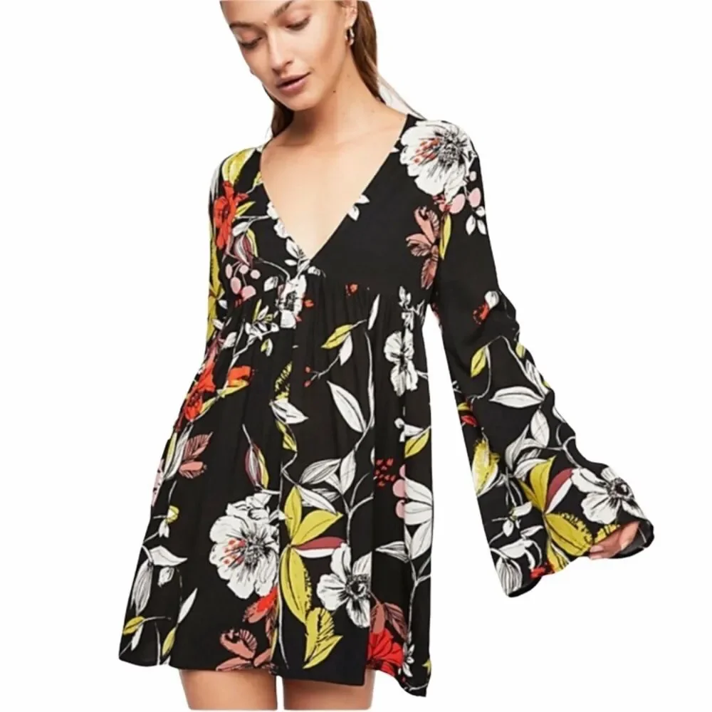 Free People Bella Black Red Green Floral Tunic Long Bell Sleeves Small